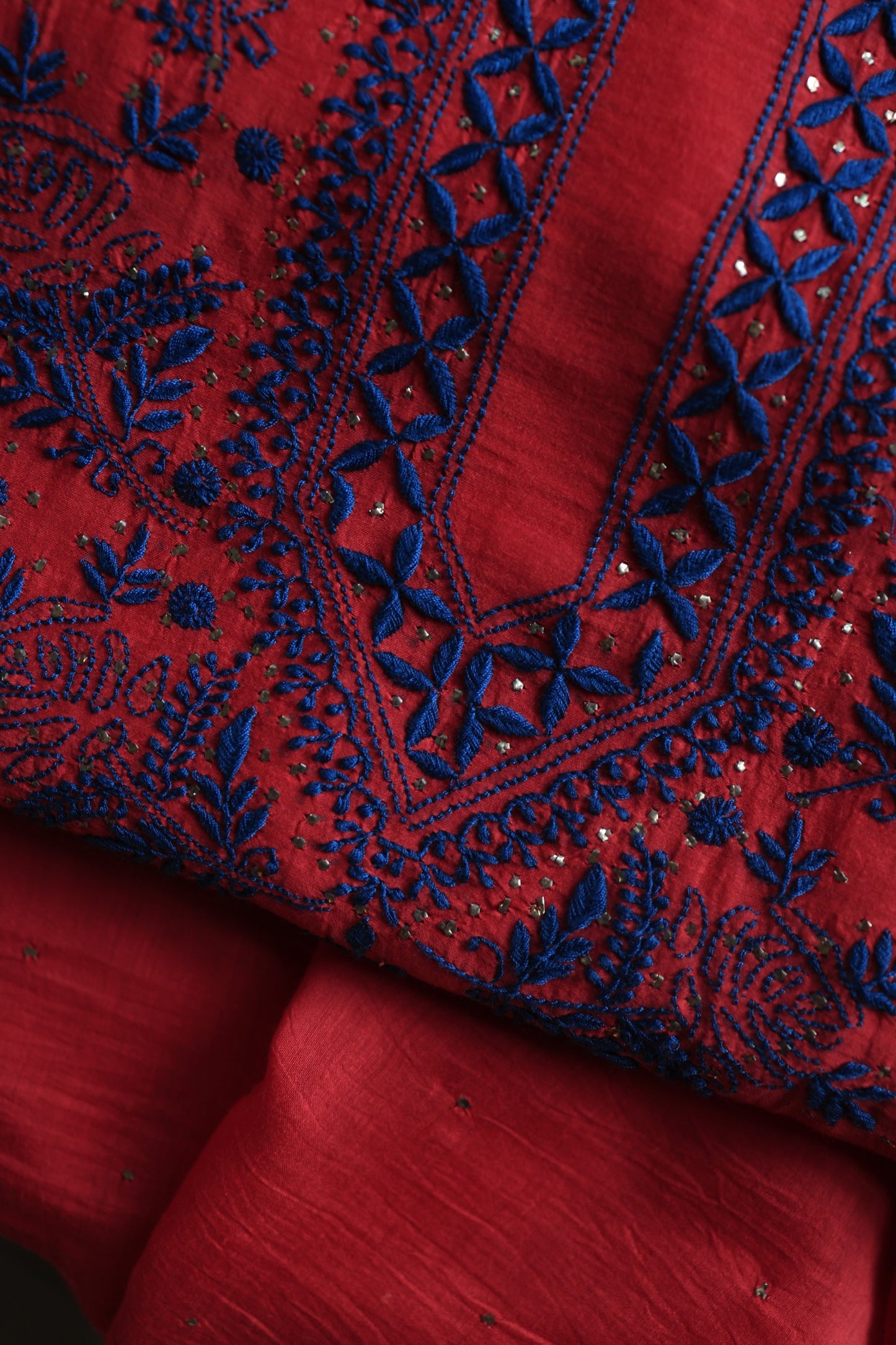 Red & Blue Mal Cotton Chikankari Unstitched Fabrics With Kamdani