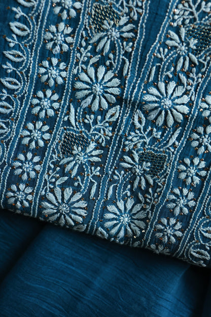 Prussian Blue Mal Cotton Chikankari Unstitched Fabrics With Kamdani