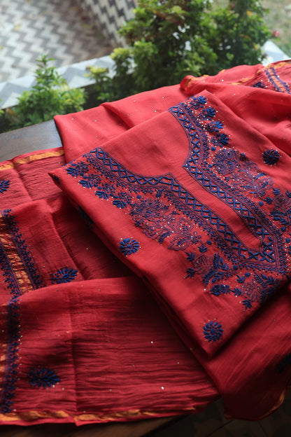 Red & Blue Mal Cotton Chikankari Unstitched Fabrics With Kamdani