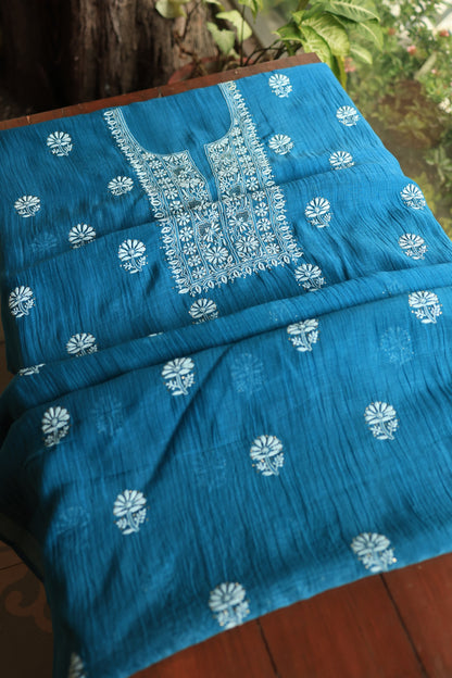 Prussian Blue Mal Cotton Chikankari Unstitched Fabrics With Kamdani