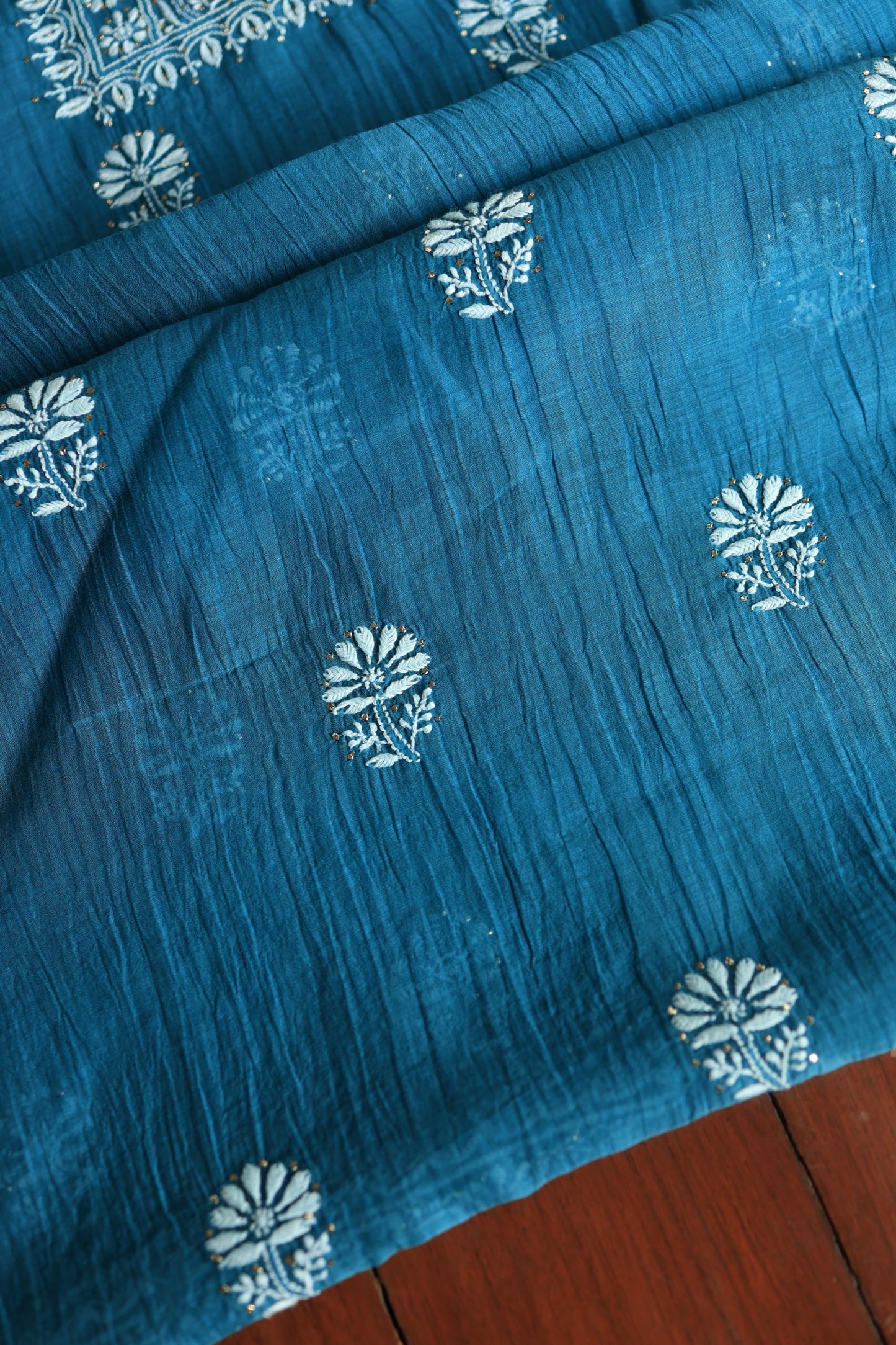 Prussian Blue Mal Cotton Chikankari Unstitched Fabrics With Kamdani