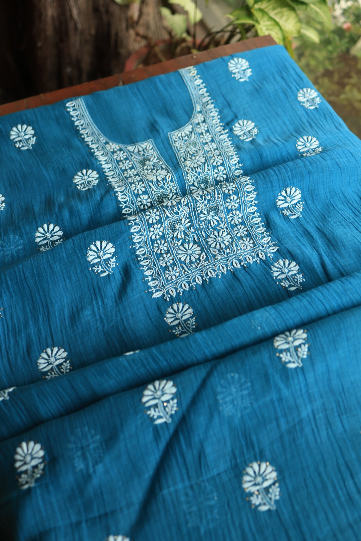 Prussian Blue Mal Cotton Chikankari Unstitched Fabrics With Kamdani