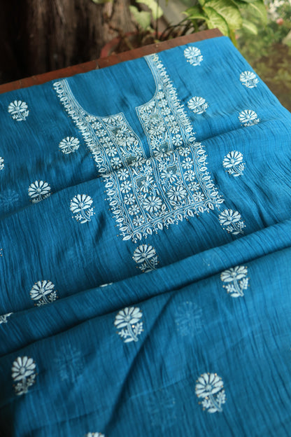 Prussian Blue Mal Cotton Chikankari Unstitched Fabrics With Kamdani