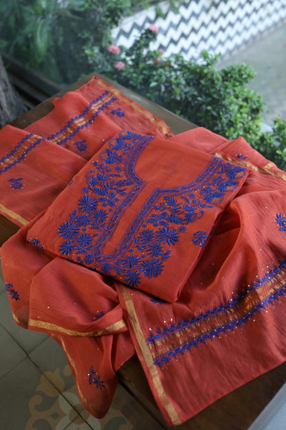 Red & Blue Shade Mal Cotton Chikankari Unstitched Kurta Dupatta Fabric With Kamdani