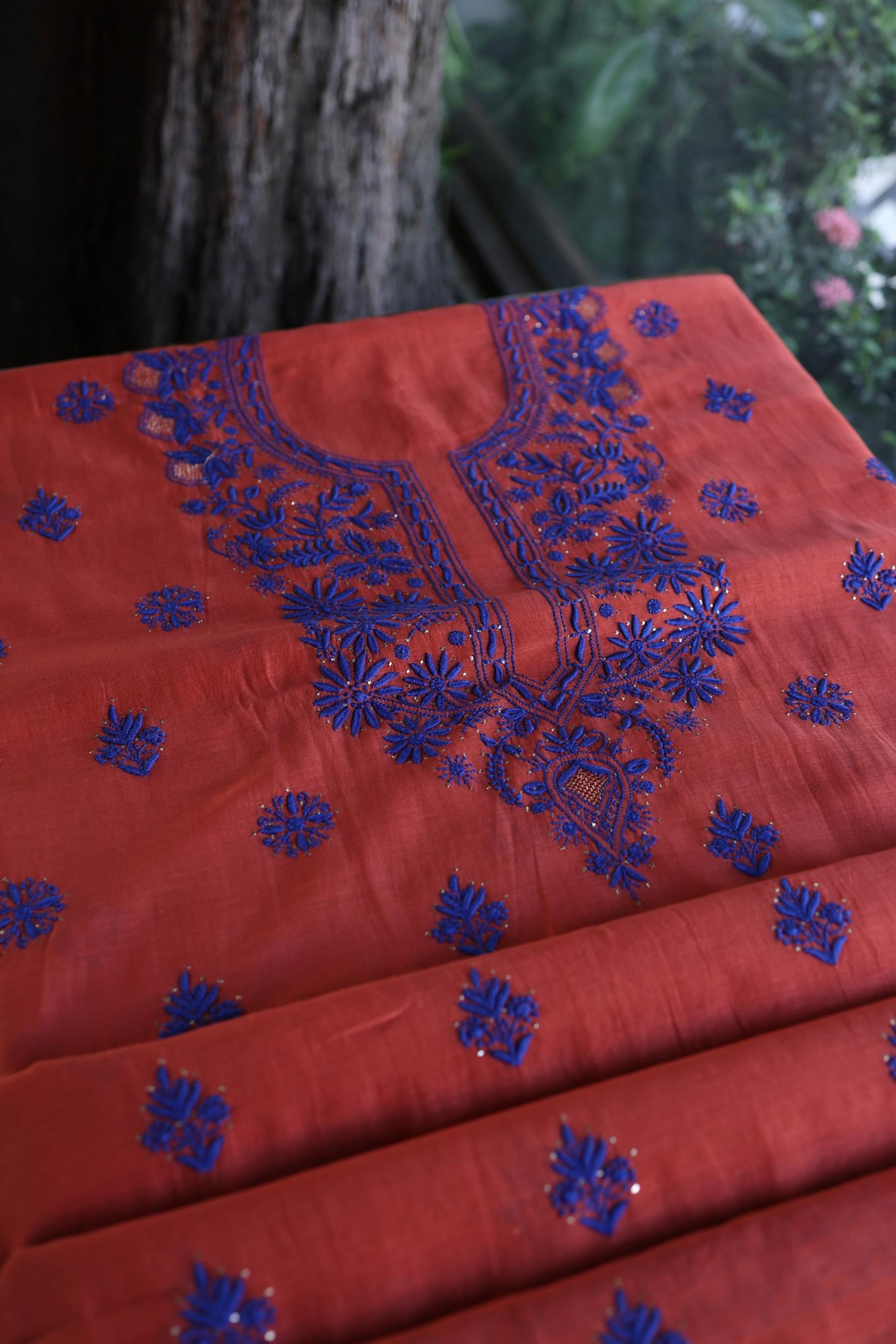 Red & Blue Shade Mal Cotton Chikankari Unstitched Kurta Dupatta Fabric With Kamdani