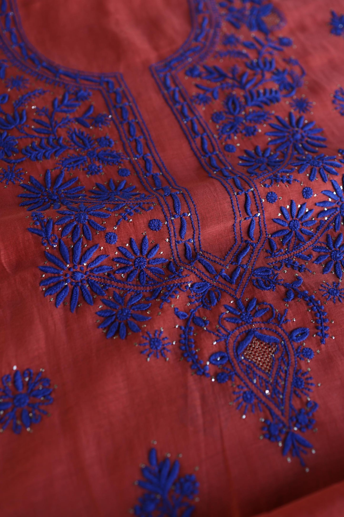 Red & Blue Shade Mal Cotton Chikankari Unstitched Kurta Dupatta Fabric With Kamdani