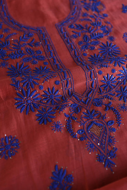 Red & Blue Shade Mal Cotton Chikankari Unstitched Kurta Dupatta Fabric With Kamdani