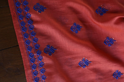 Red & Blue Shade Mal Cotton Chikankari Unstitched Kurta Dupatta Fabric With Kamdani