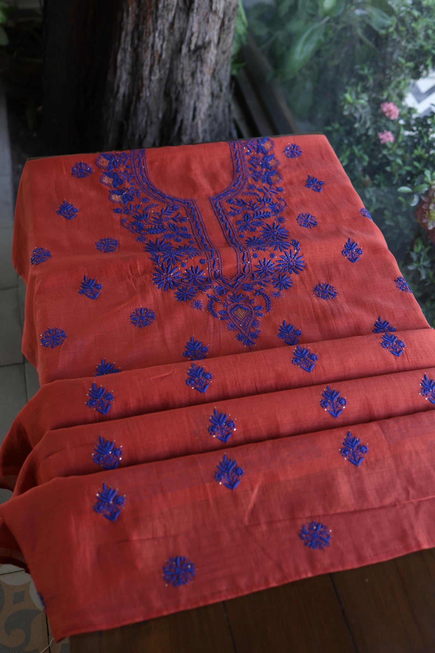 Red & Blue Shade Mal Cotton Chikankari Unstitched Kurta Dupatta Fabric With Kamdani