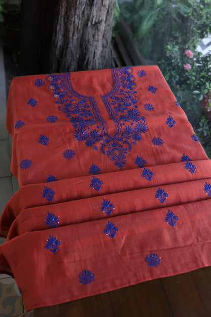 Red & Blue Shade Mal Cotton Chikankari Unstitched Kurta Dupatta Fabric With Kamdani