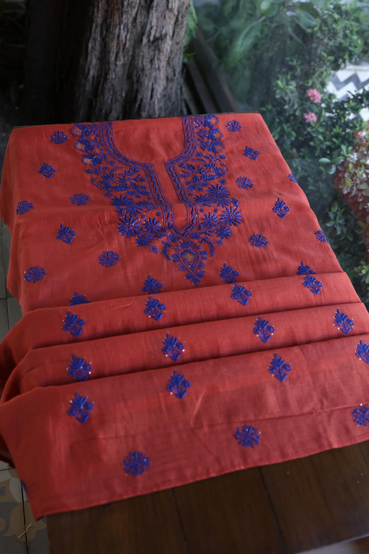 Red & Blue Shade Mal Cotton Chikankari Unstitched Kurta Dupatta Fabric With Kamdani