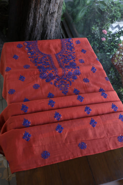 Red & Blue Shade Mal Cotton Chikankari Unstitched Kurta Dupatta Fabric With Kamdani