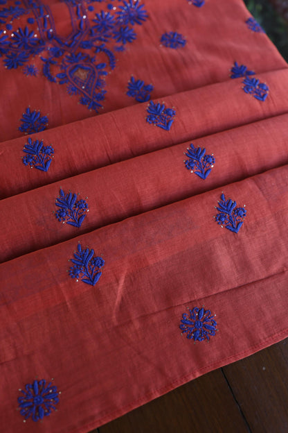 Red & Blue Shade Mal Cotton Chikankari Unstitched Kurta Dupatta Fabric With Kamdani