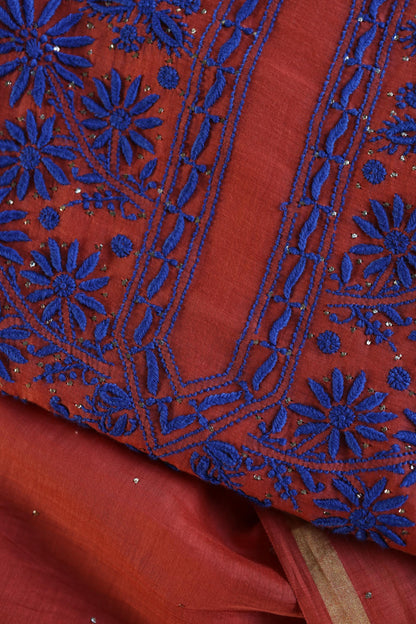 Red & Blue Shade Mal Cotton Chikankari Unstitched Kurta Dupatta Fabric With Kamdani