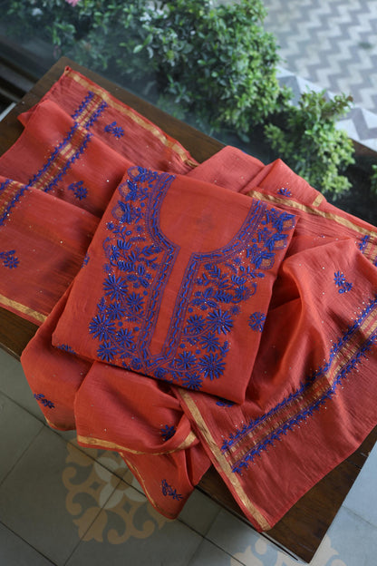 Red & Blue Shade Mal Cotton Chikankari Unstitched Kurta Dupatta Fabric With Kamdani