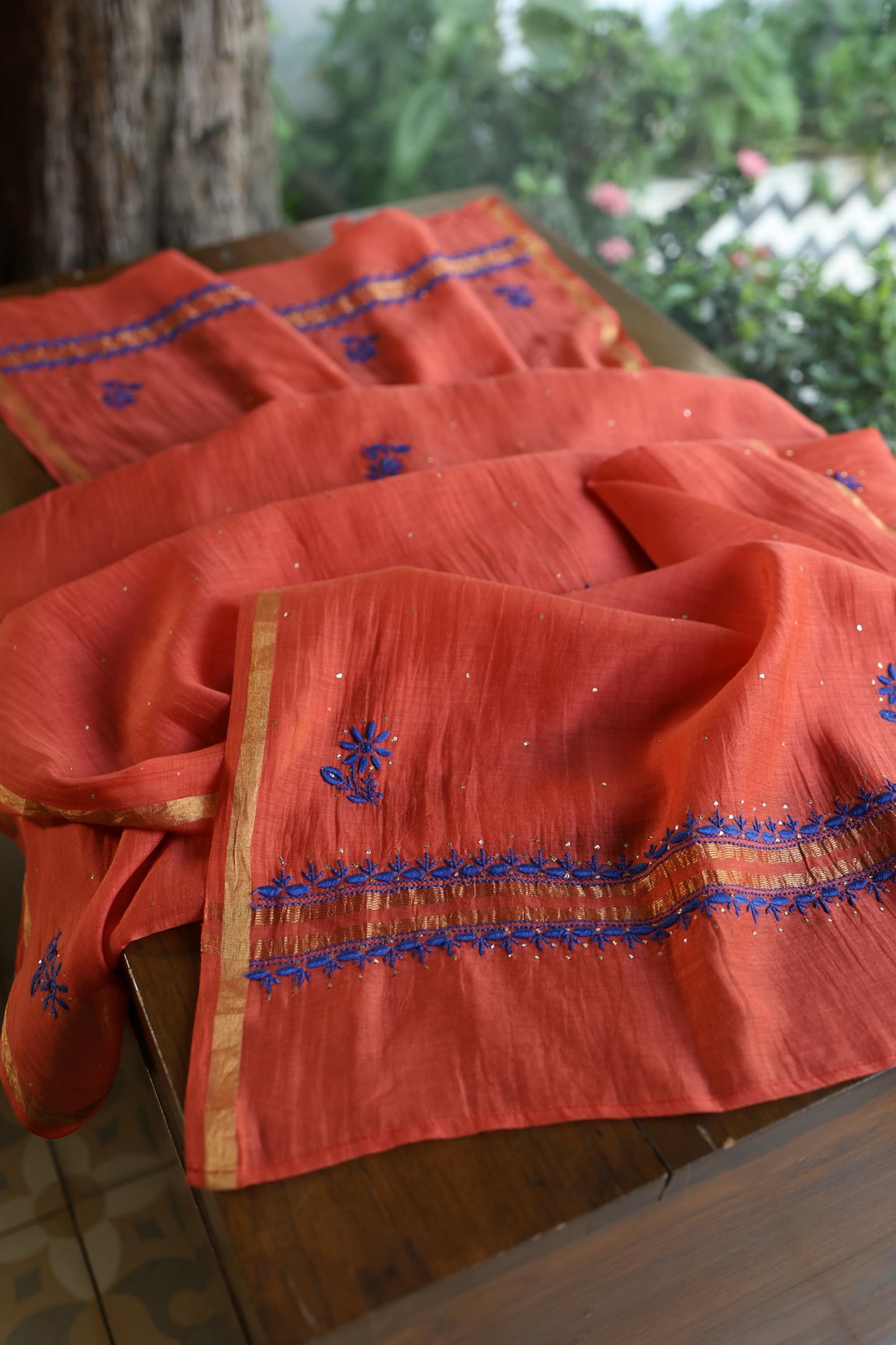 Red & Blue Shade Mal Cotton Chikankari Unstitched Kurta Dupatta Fabric With Kamdani