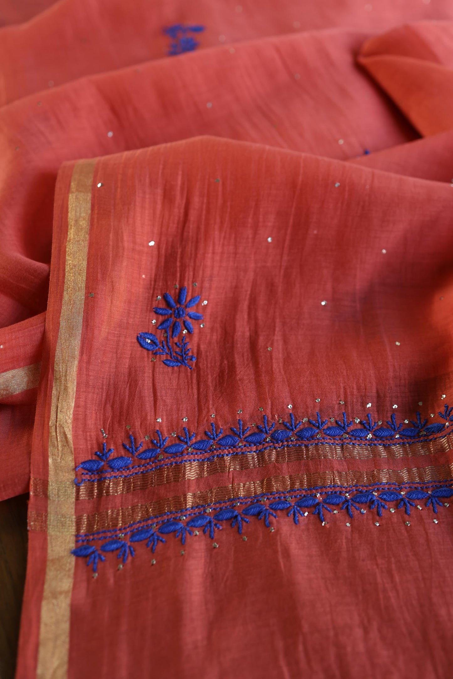 Red & Blue Shade Mal Cotton Chikankari Unstitched Kurta Dupatta Fabric With Kamdani