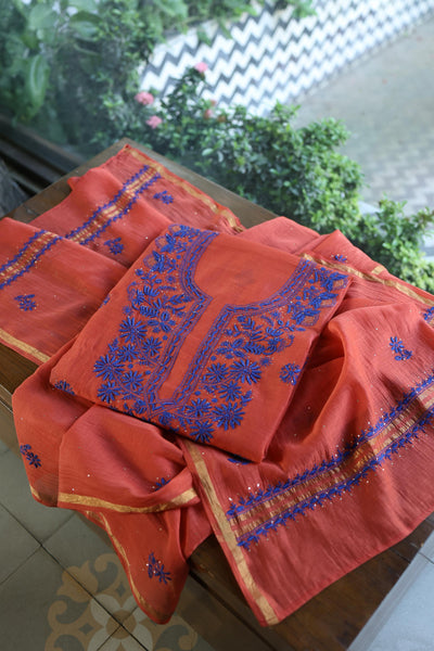 Red & Blue Shade Mal Cotton Chikankari Unstitched Kurta Dupatta Fabric With Kamdani