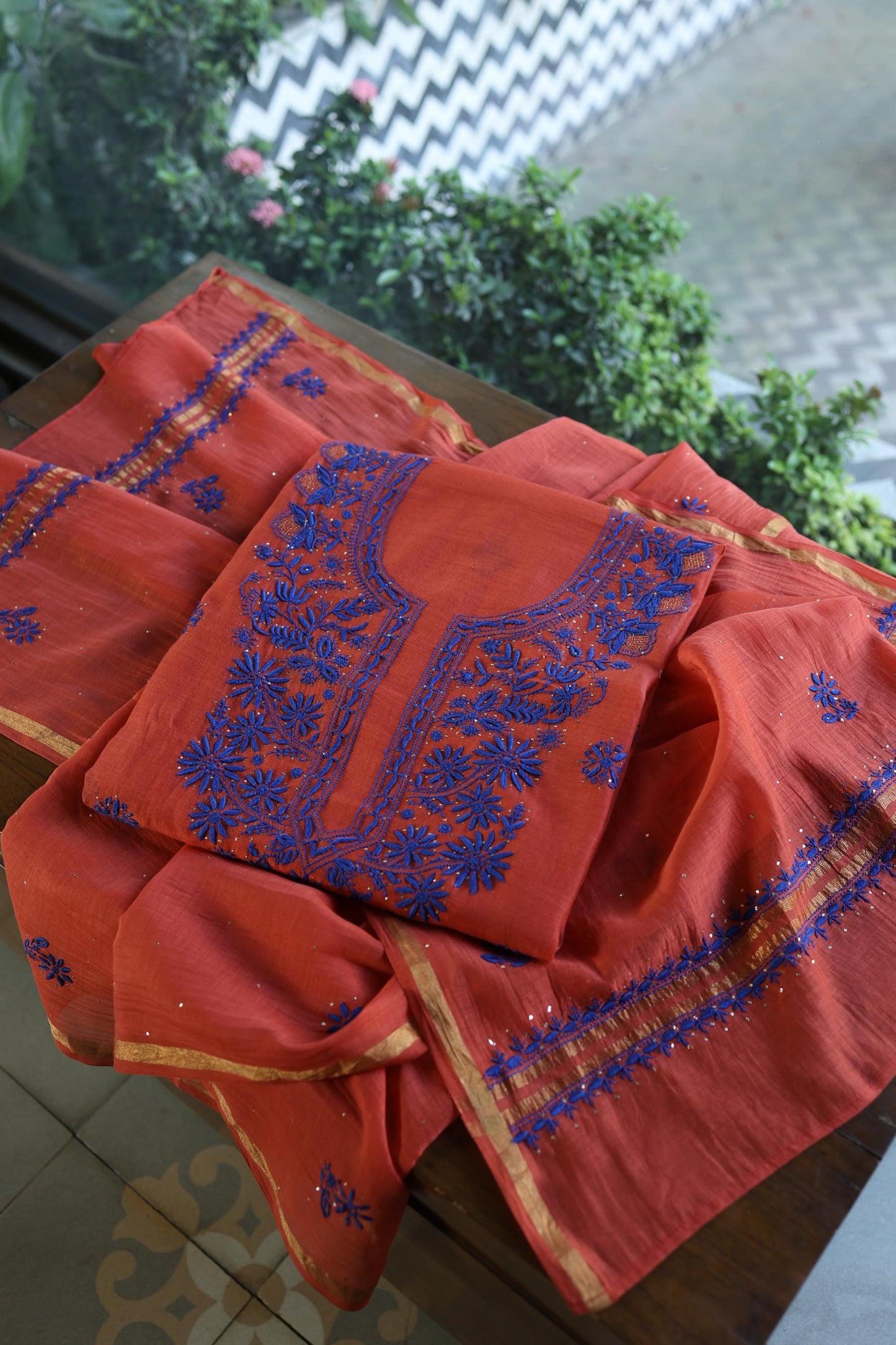 Red & Blue Shade Mal Cotton Chikankari Unstitched Kurta Dupatta Fabric With Kamdani
