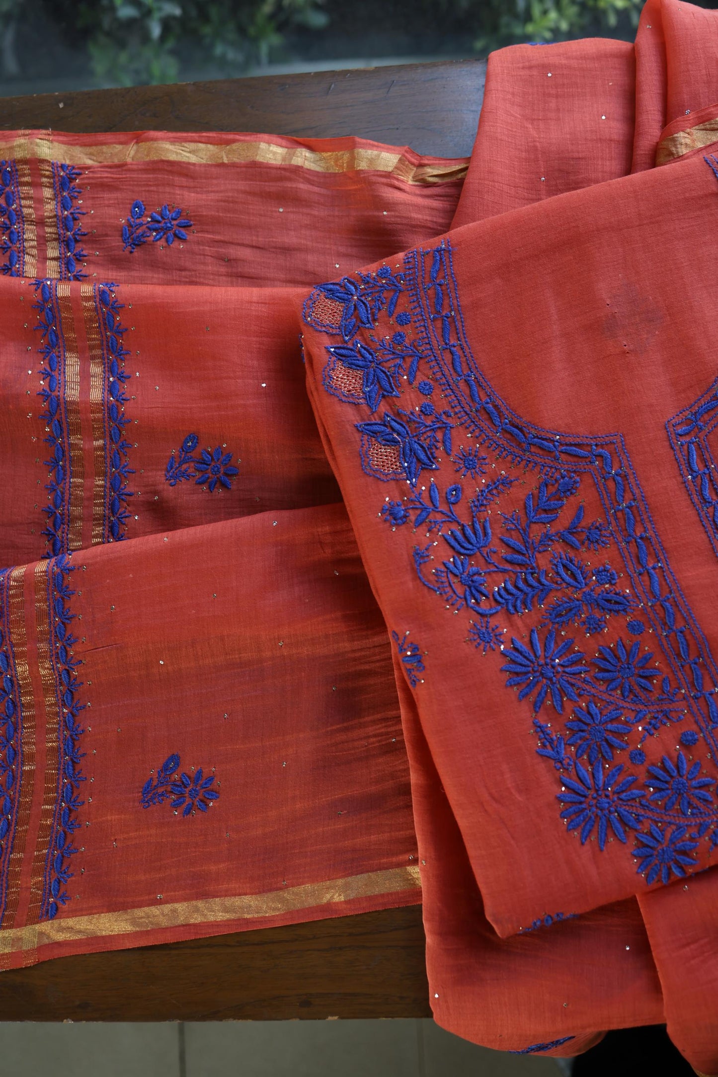 Red & Blue Shade Mal Cotton Chikankari Unstitched Kurta Dupatta Fabric With Kamdani