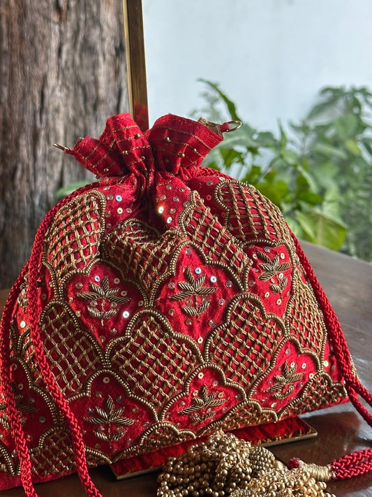 Red & Gold Raw Silk Zardosi Polti Bags