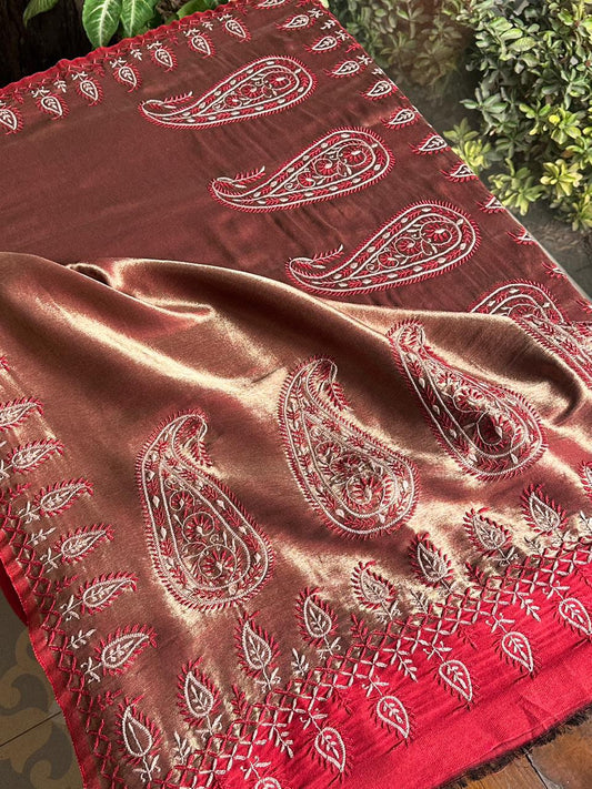 Red & Golden Shade Saman Tissue Silk Fine Chikankari Shawl
