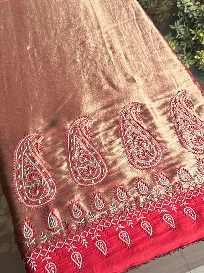 Red & Golden Shade Saman Tissue Silk Fine Chikankari Shawl
