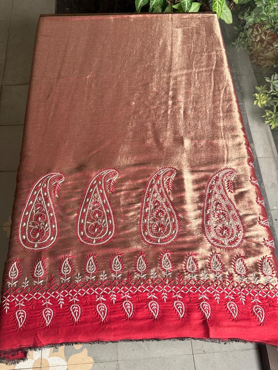 Red & Golden Shade Saman Tissue Silk Fine Chikankari Shawl