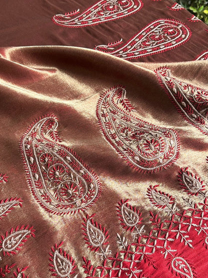 Red & Golden Shade Saman Tissue Silk Fine Chikankari Shawl