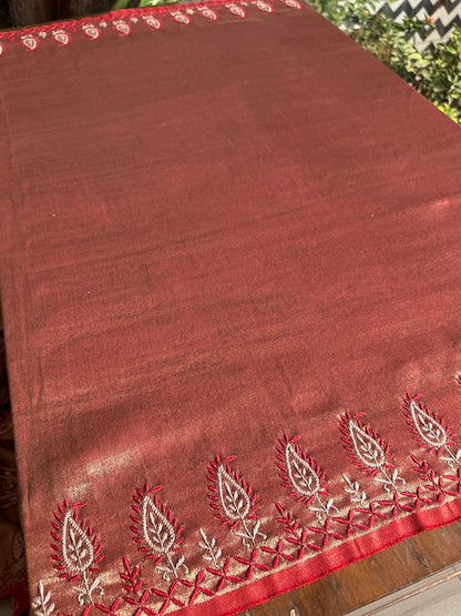 Red & Golden Shade Saman Tissue Silk Fine Chikankari Shawl