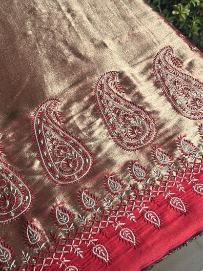 Red & Golden Shade Saman Tissue Silk Fine Chikankari Shawl