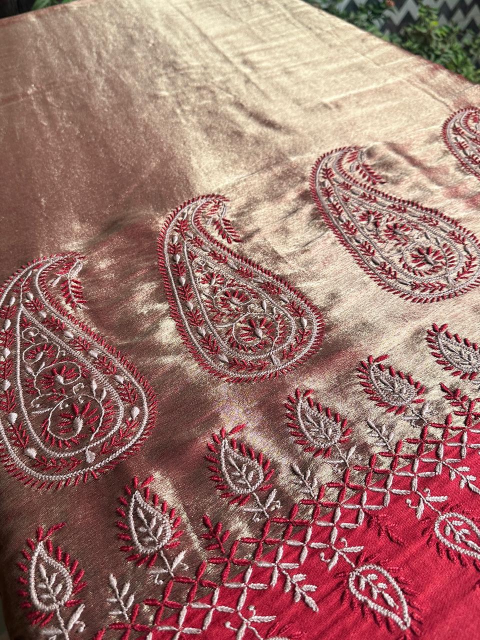 Red & Golden Shade Saman Tissue Silk Fine Chikankari Shawl