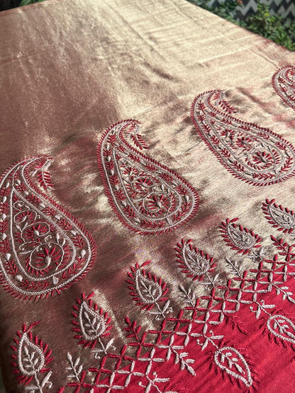 Red & Golden Shade Saman Tissue Silk Fine Chikankari Shawl