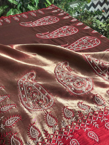 Red & Golden Shade Saman Tissue Silk Fine Chikankari Shawl