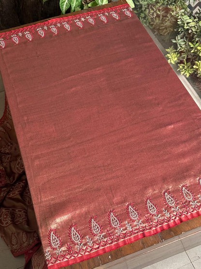 Red & Golden Shade Saman Tissue Silk Fine Chikankari Shawl