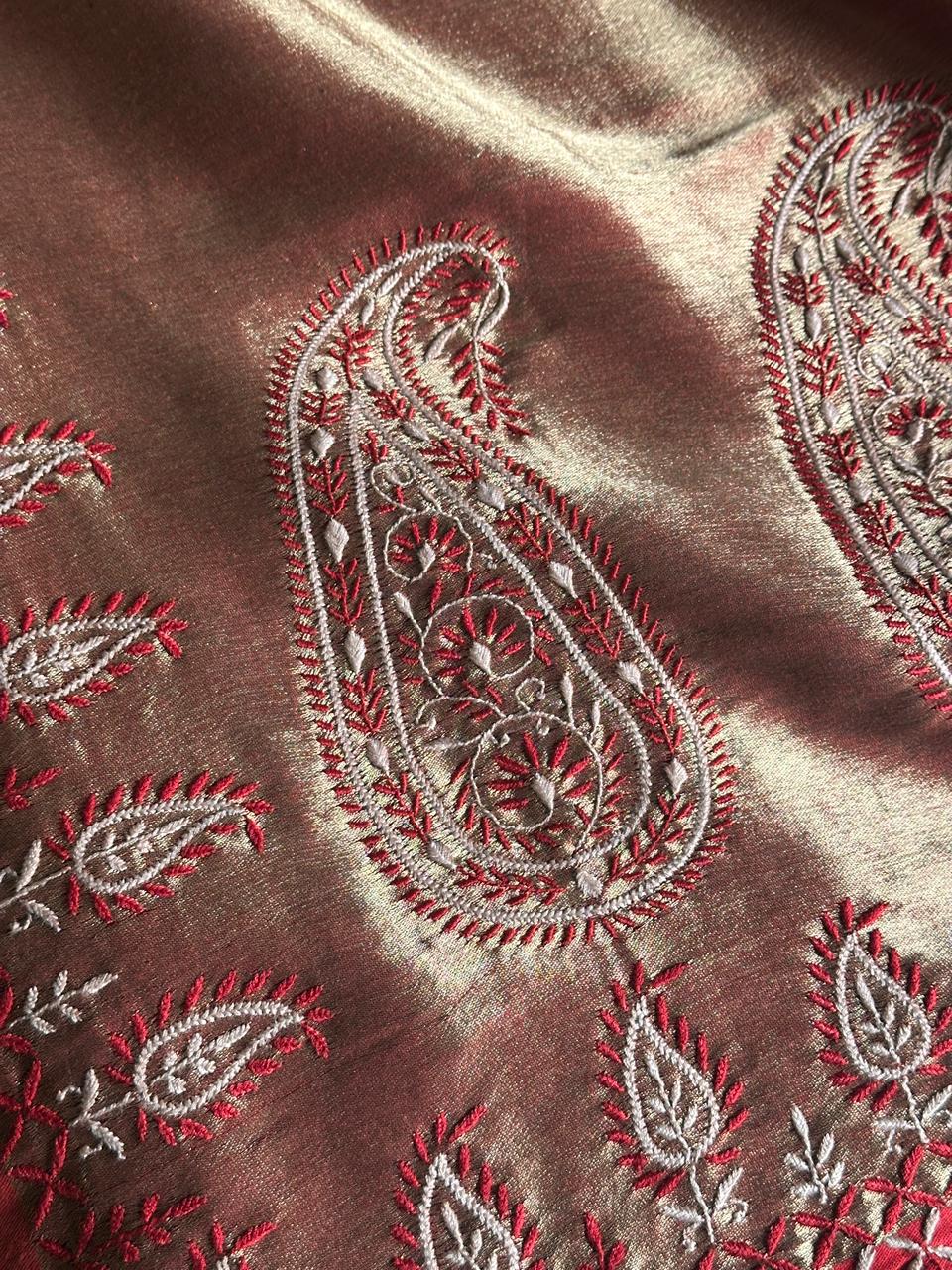 Red & Golden Shade Saman Tissue Silk Fine Chikankari Shawl