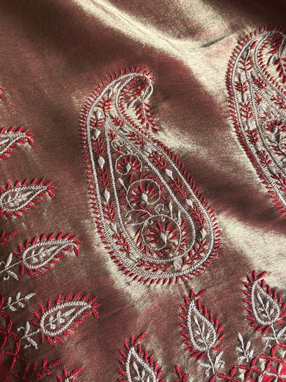 Red & Golden Shade Saman Tissue Silk Fine Chikankari Shawl