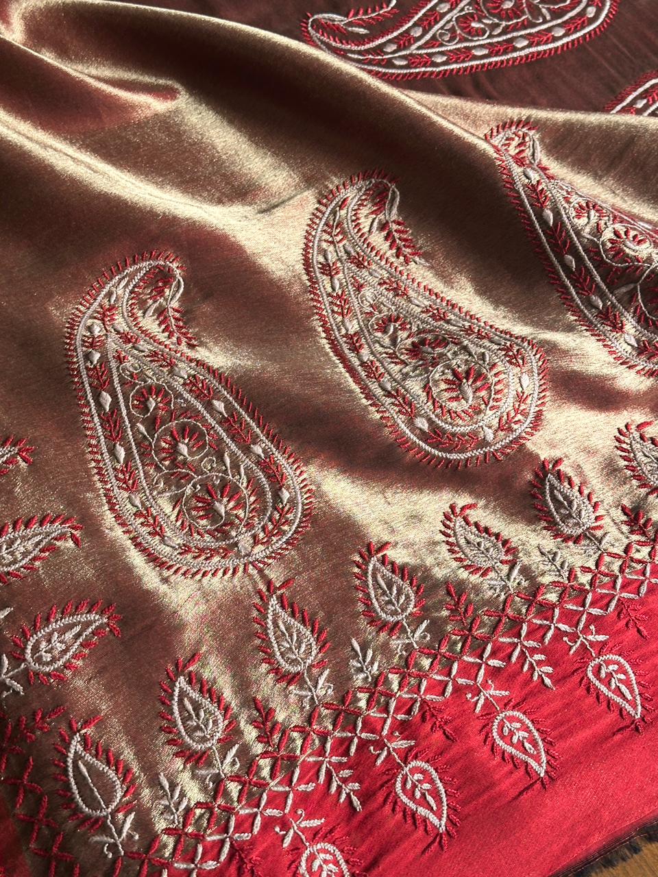 Red & Golden Shade Saman Tissue Silk Fine Chikankari Shawl