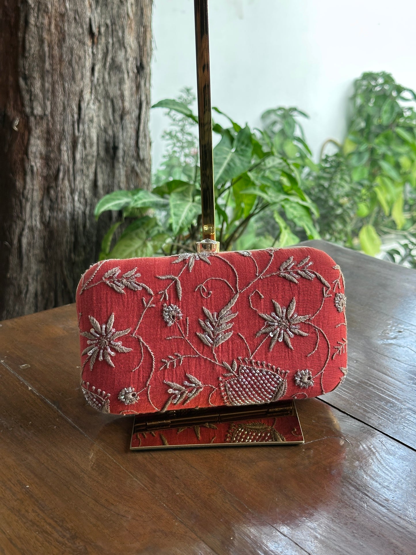 Red & Grey Chikankari With Ari Work Sling Clutch