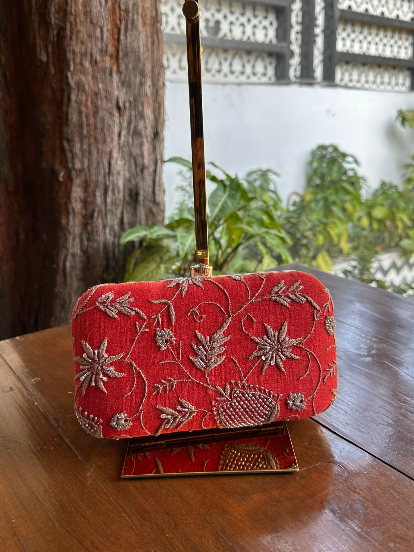 Red & Grey Chikankari With Ari Work Sling Clutch