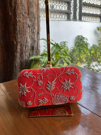 Red & Grey Chikankari With Ari Work Sling Clutch