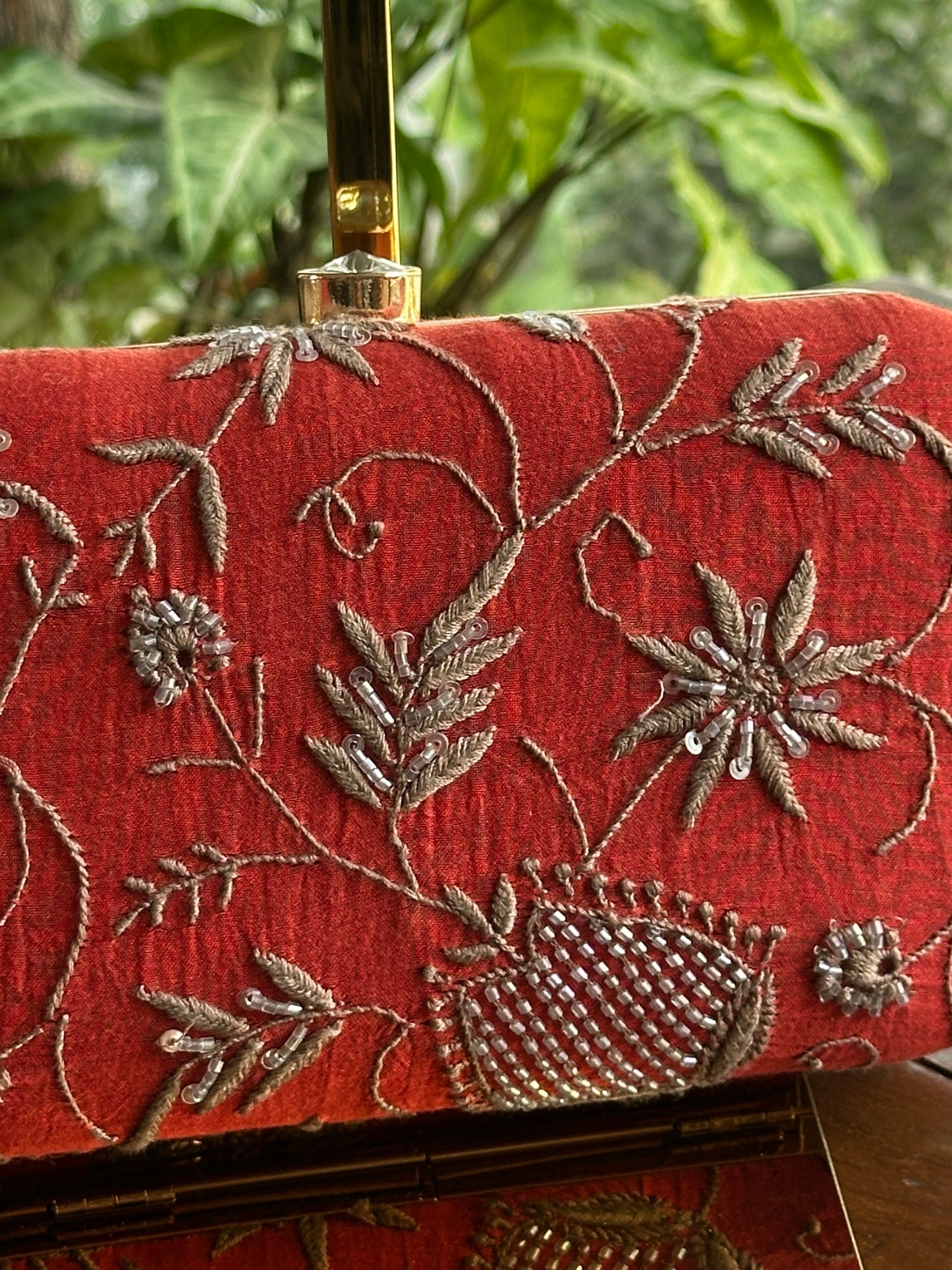 Red & Grey Chikankari With Ari Work Sling Clutch