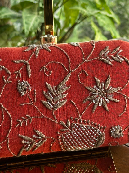 Red & Grey Chikankari With Ari Work Sling Clutch