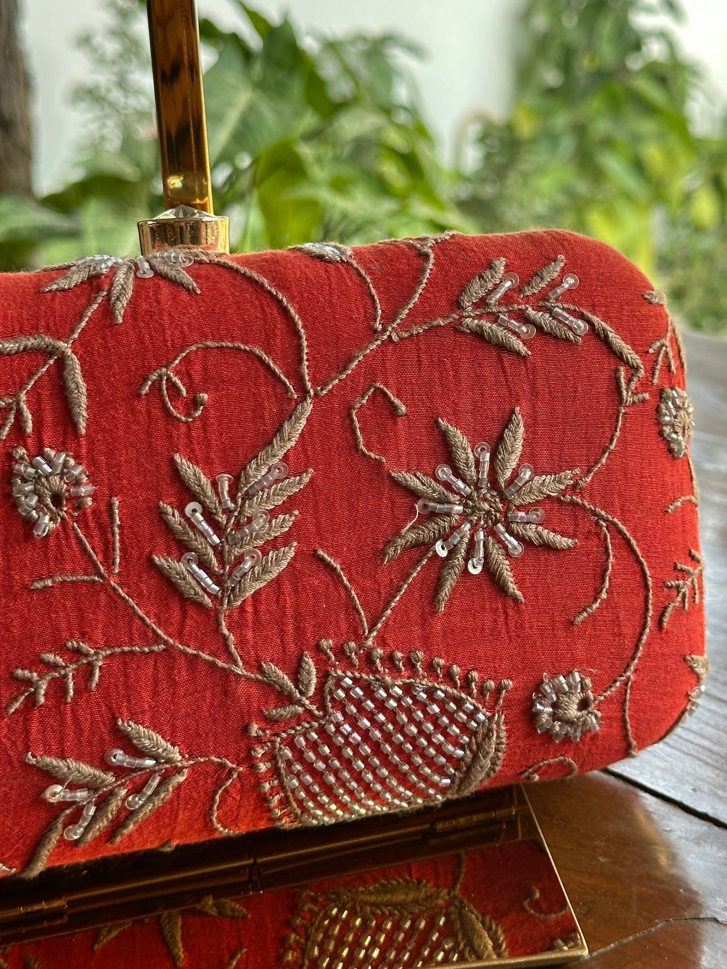 Red & Grey Chikankari With Ari Work Sling Clutch