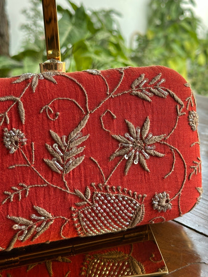 Red & Grey Chikankari With Ari Work Sling Clutch
