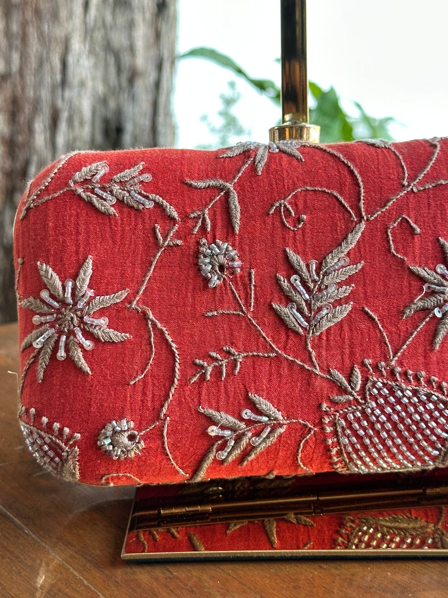 Red & Grey Chikankari With Ari Work Sling Clutch