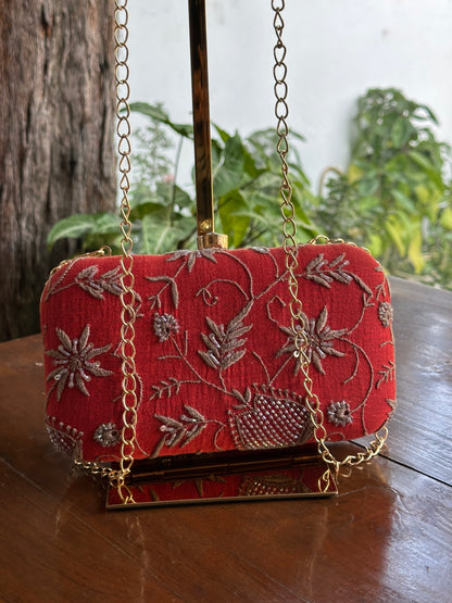 Red & Grey Chikankari With Ari Work Sling Clutch