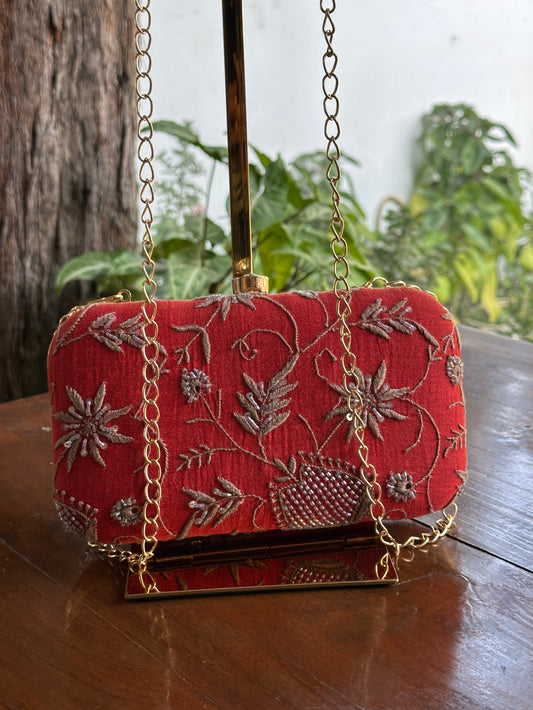 Red & Grey Chikankari With Ari Work Sling Clutch