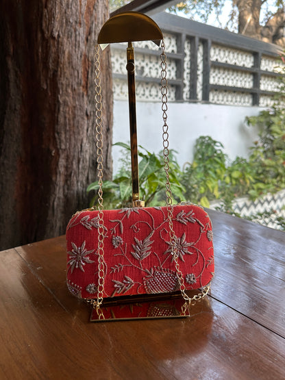 Red & Grey Chikankari With Ari Work Sling Clutch