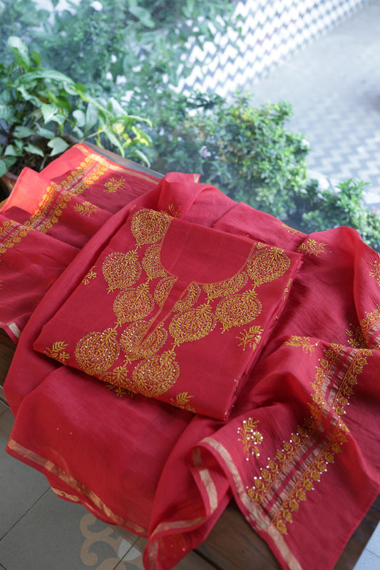 Red & Mustard Mal Cotton Chikankari Unstitched Kurta Dupatta Fabrics With Kamdani